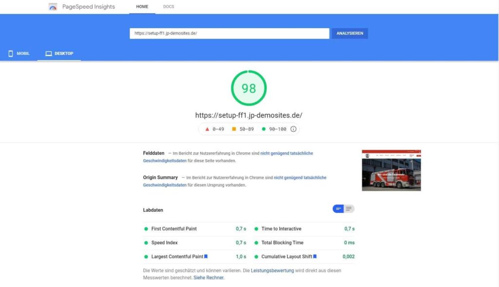 PageSpeed Insights zeigt 98 Punkte für Webseite.
