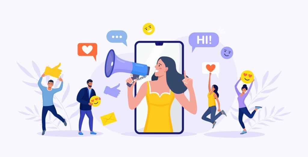 Frau mit Megafon in Social-Media-Illustration