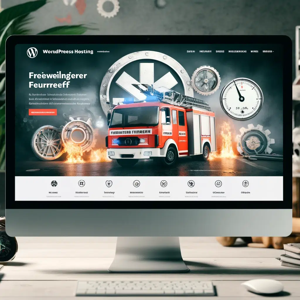 Feuerwehrfahrzeug auf brennender Werkstatthintergrund Website